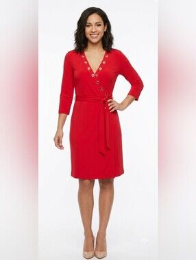 Calvin Klein Women's Red Wrap Dress Slinky Belt Grommets  Sz Medium M Pre-Owned